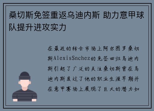 桑切斯免签重返乌迪内斯 助力意甲球队提升进攻实力