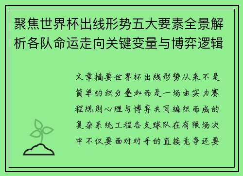 聚焦世界杯出线形势五大要素全景解析各队命运走向关键变量与博弈逻辑